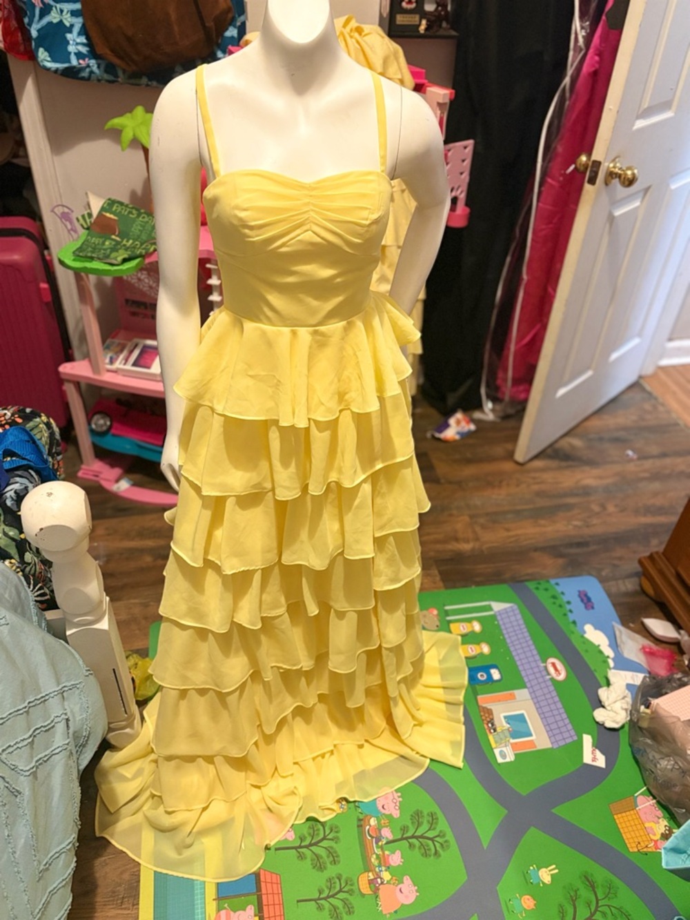 Yellow Ruffled Tiered Spaghetti Strap Maxi Dress